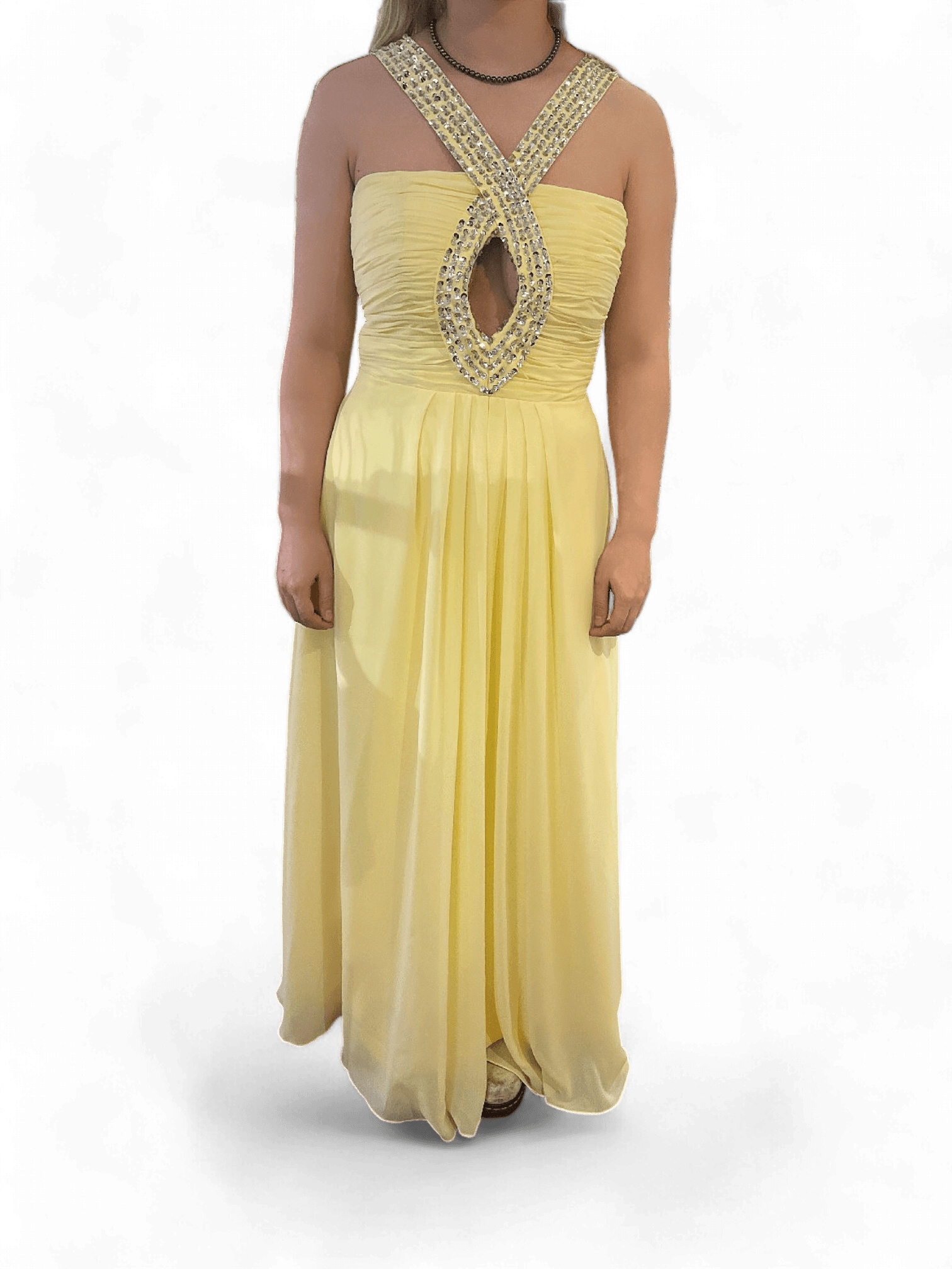Elegant gul balklänning med pärldekorerad halterneck 1