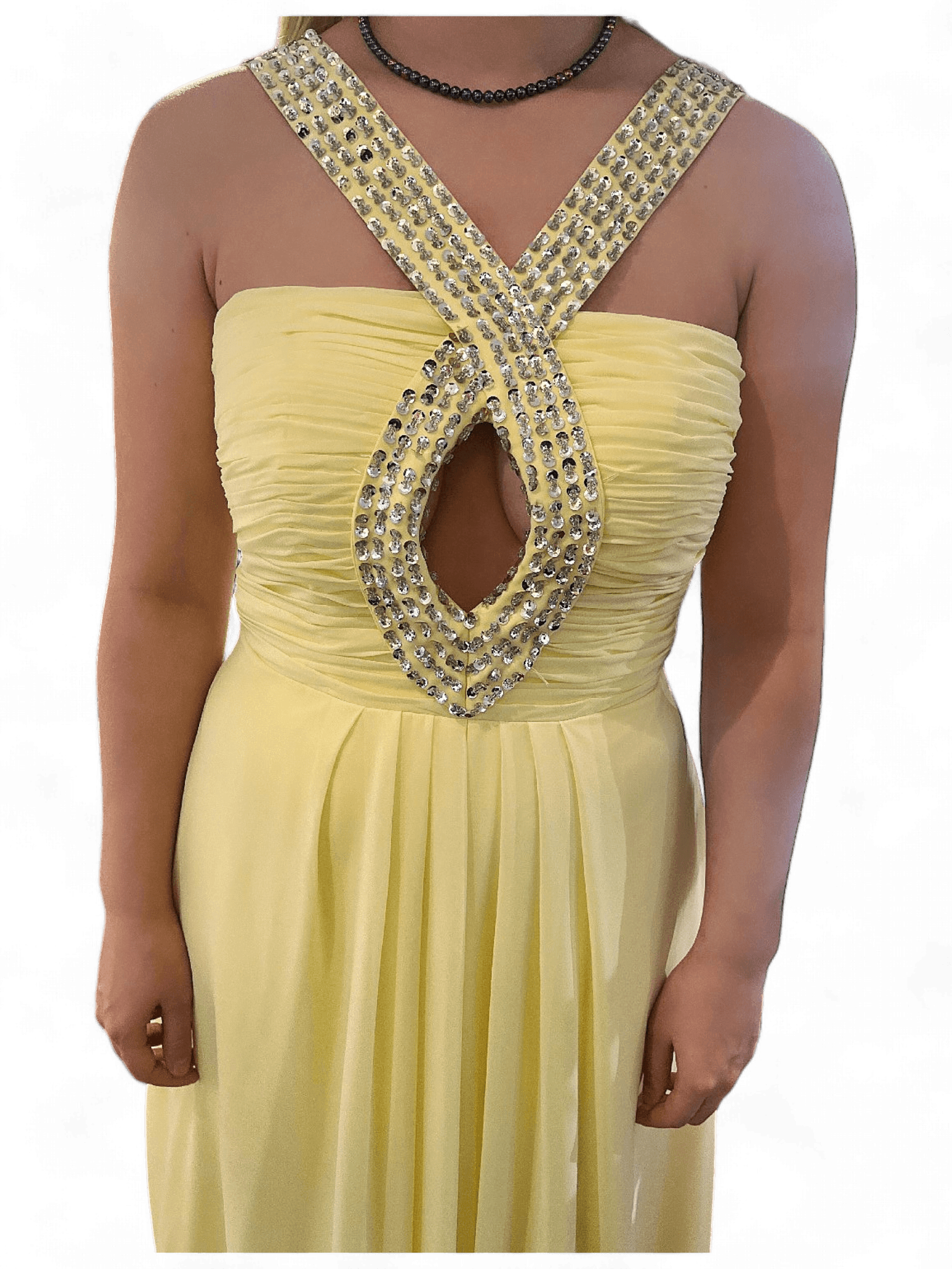 Elegant gul balklänning med pärldekorerad halterneck 5