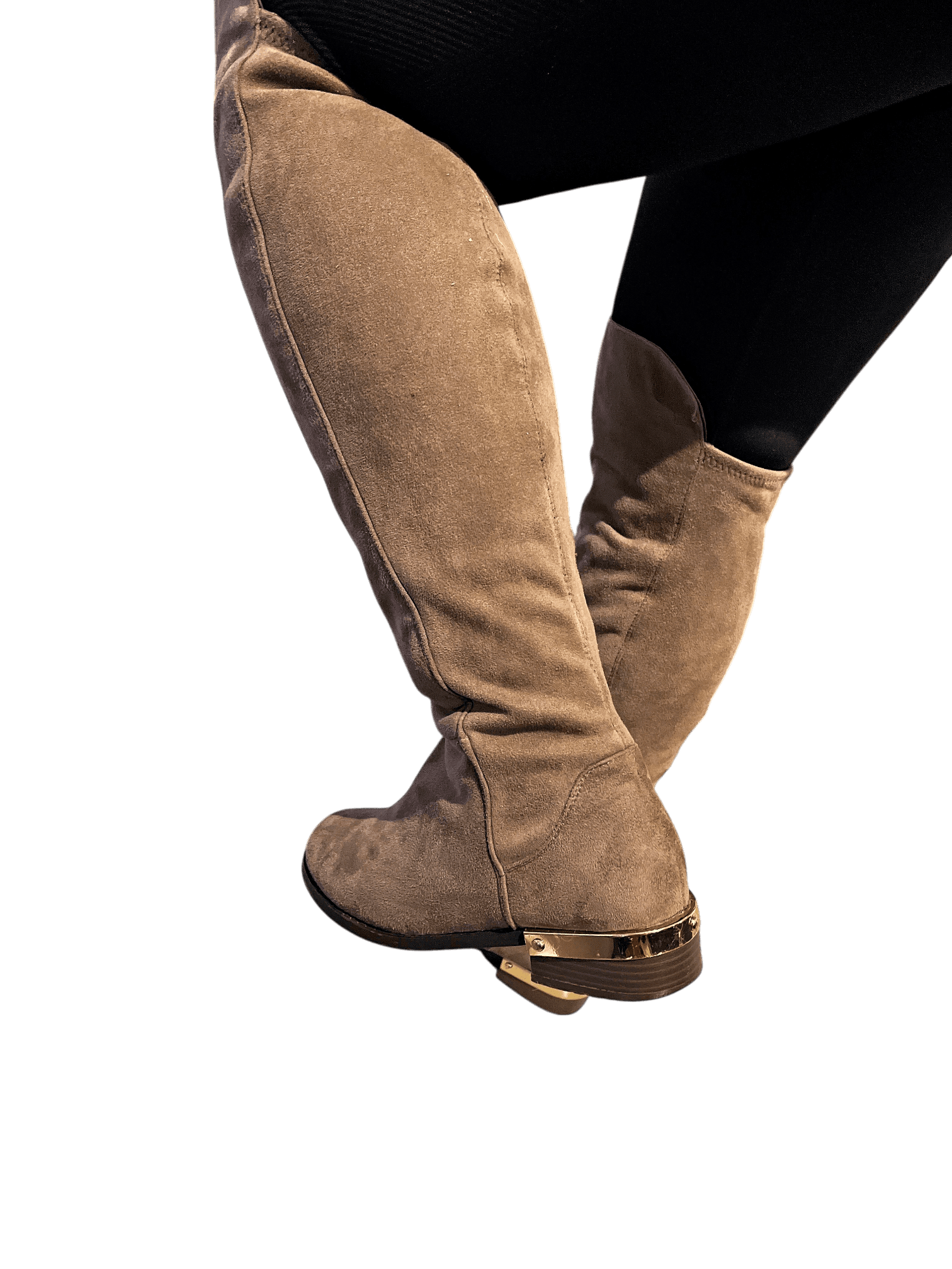 Moderna, bruna over-kneestövlar med gulddetalj 2
