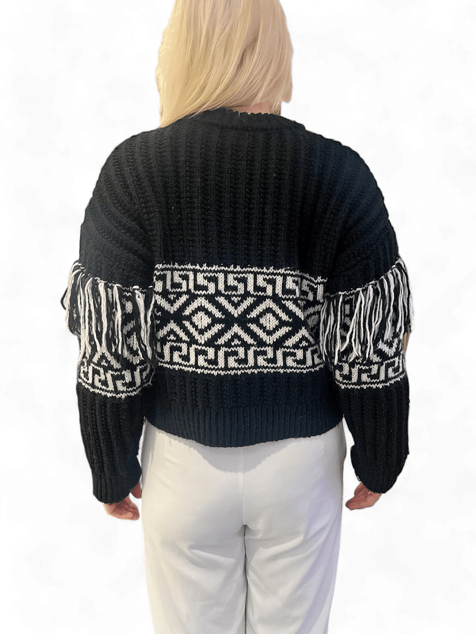 Modern H&M Svart och Vit Mönstrad Stickad Tröja med Fransar 3