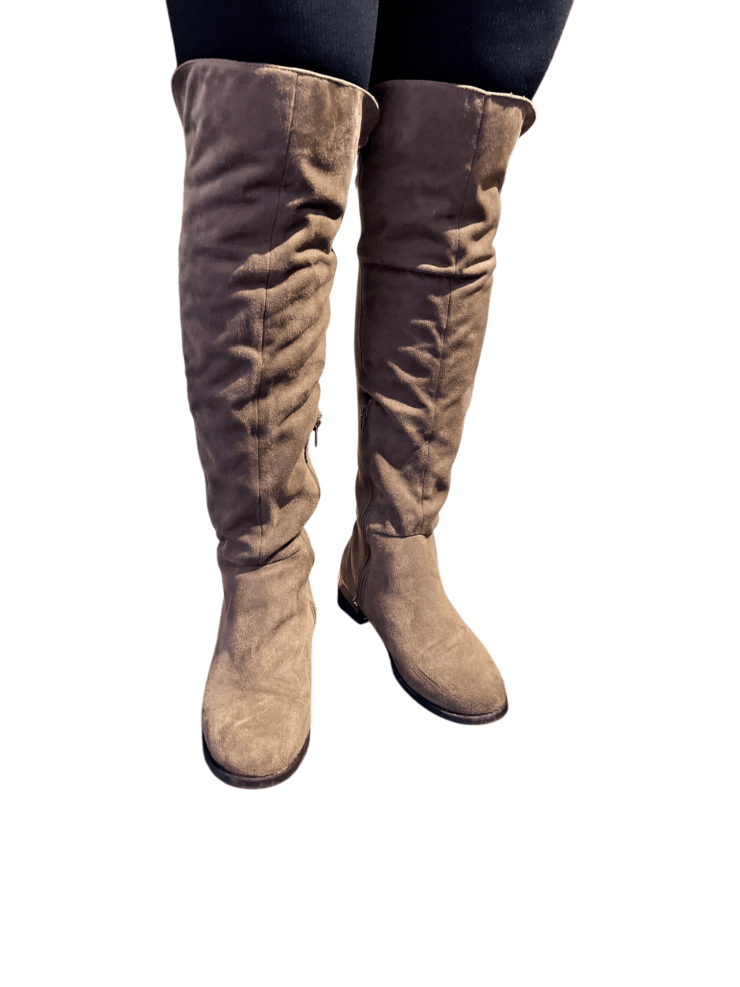 Moderna, bruna over-kneestövlar med gulddetalj 3