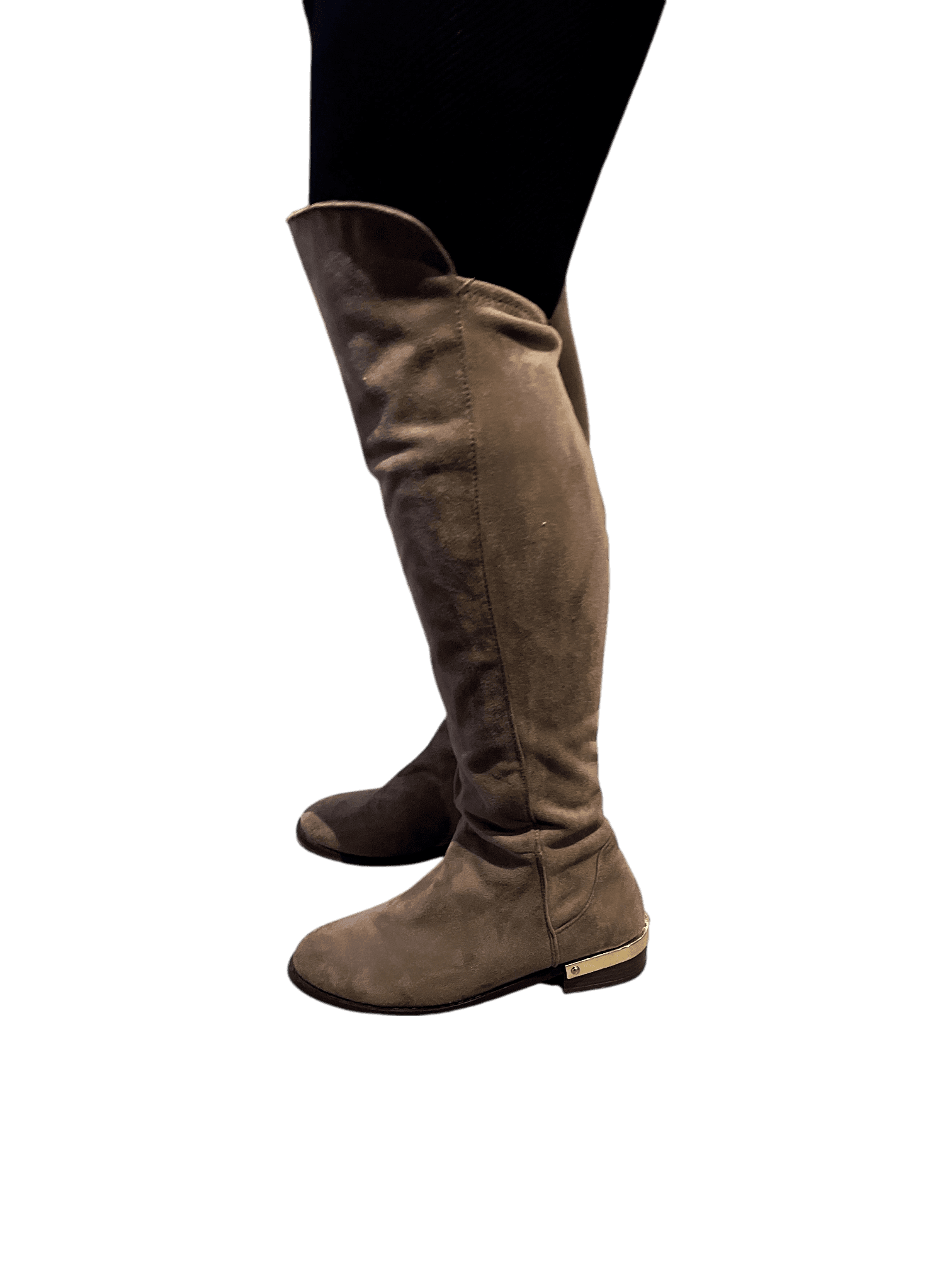 Moderna, bruna over-kneestövlar med gulddetalj 1