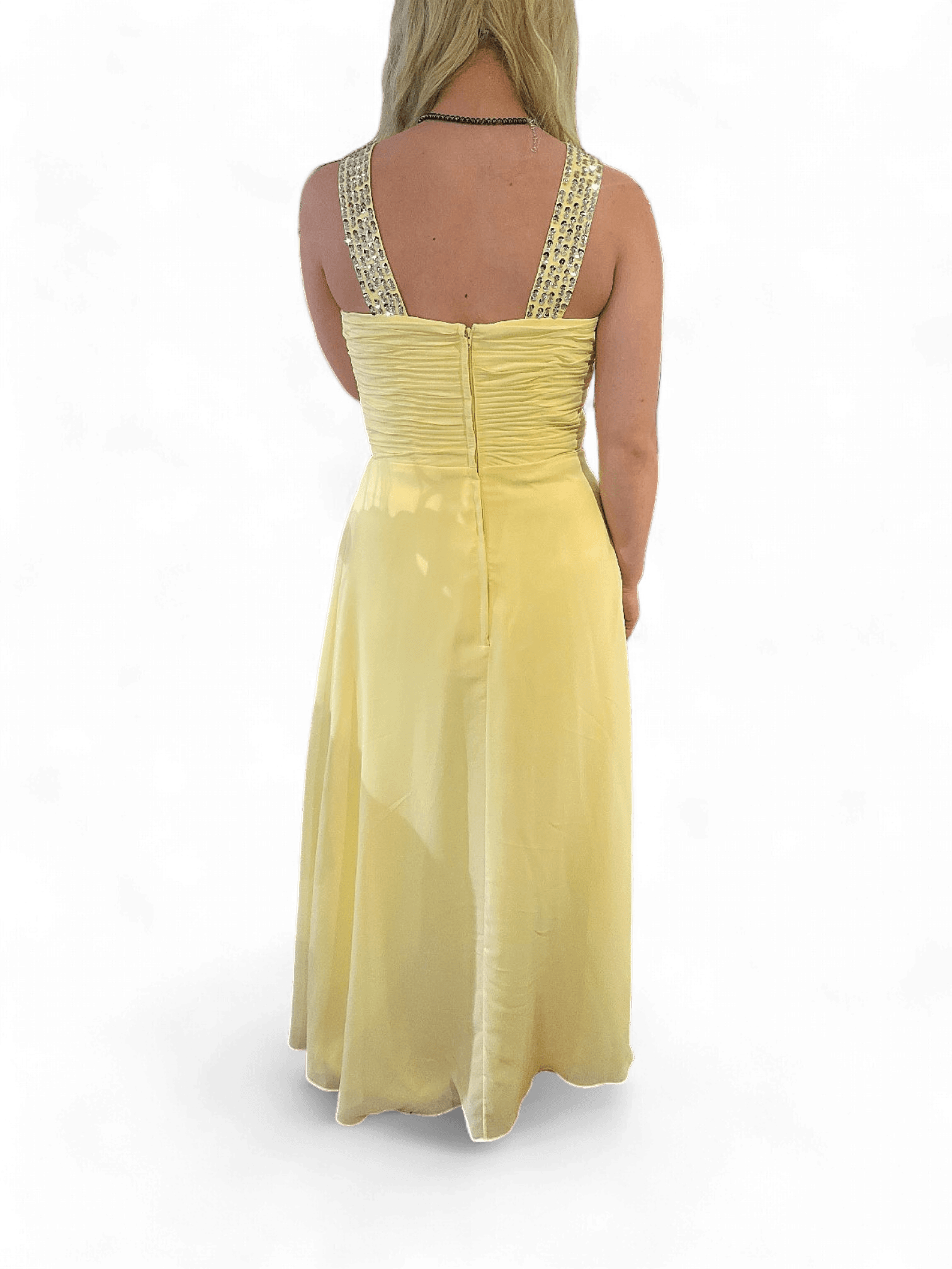 Elegant gul balklänning med pärldekorerad halterneck 3